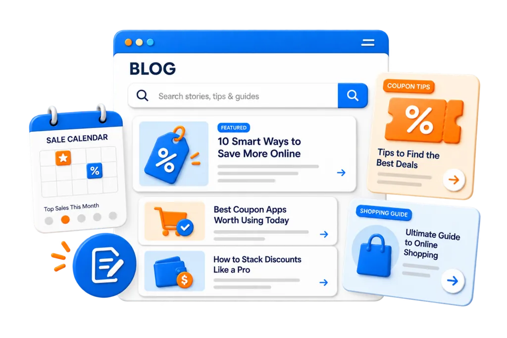 CouponLeo blog hero showing story search, sale calendar, and coupon tips