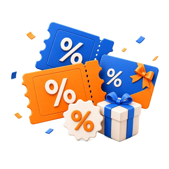Top deals hero featuring discount tickets, a sale badge, and a gift box