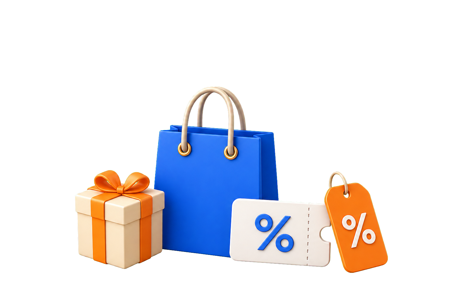 Shopping bag, discount tag, gift box, and cart